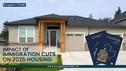 Modern single-story house with garage, front yard, two Canadian passports, and text highlighting 2025 immigration cuts' impact on housing, featuring by Bungalow Finder